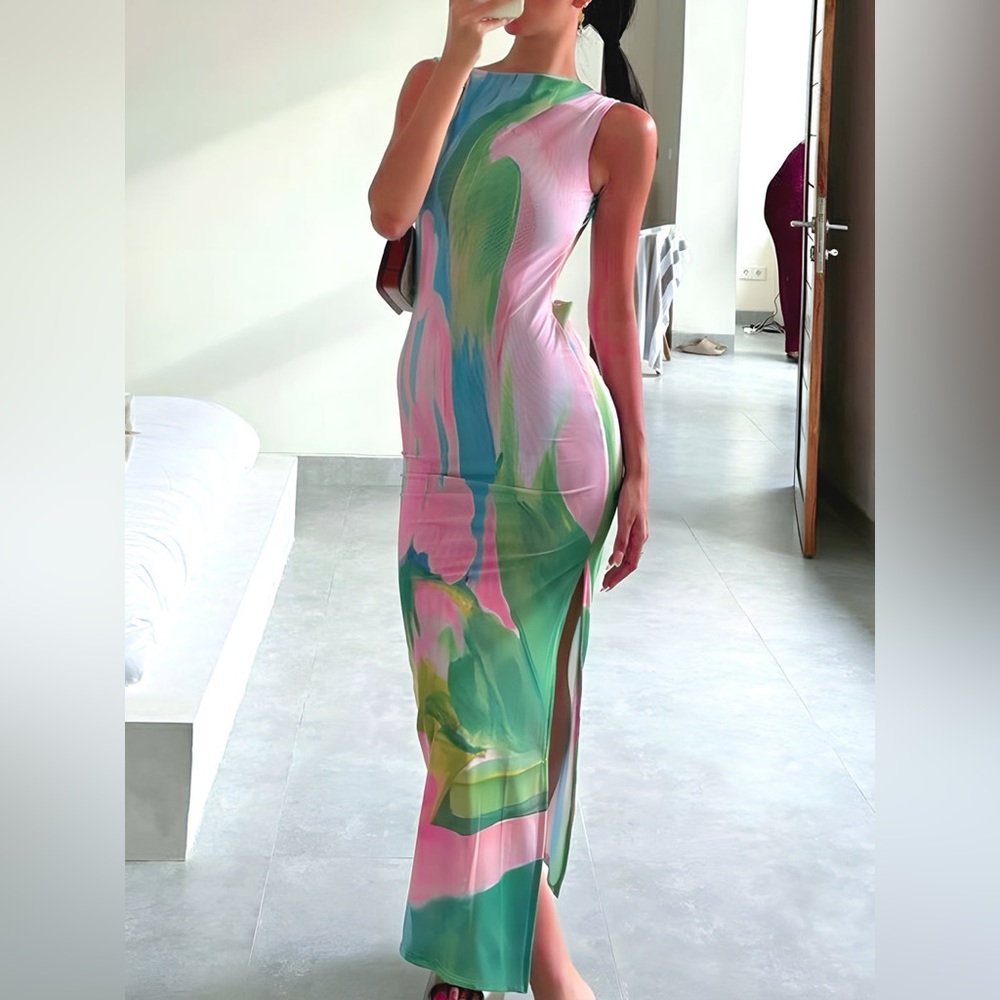 Commense Pink and Green Abstract Backless Maxi Dress
